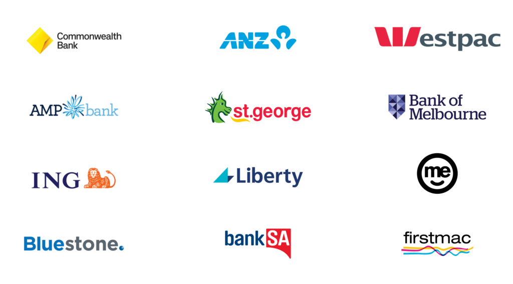 Westpac Commonwealth Bank CBA ING Bank St George Bank ANZ Bank AMP Bank Bank Of melbourne ME Bank FirstMac Liberty LaTrobe Pepper Money Bank of Sydney
